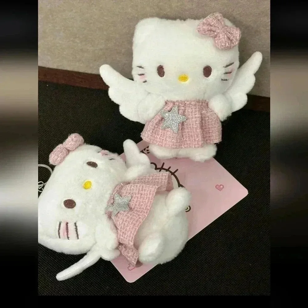 Hello kitty cute pink keychain plush wings bow white dress bag backpack womens
